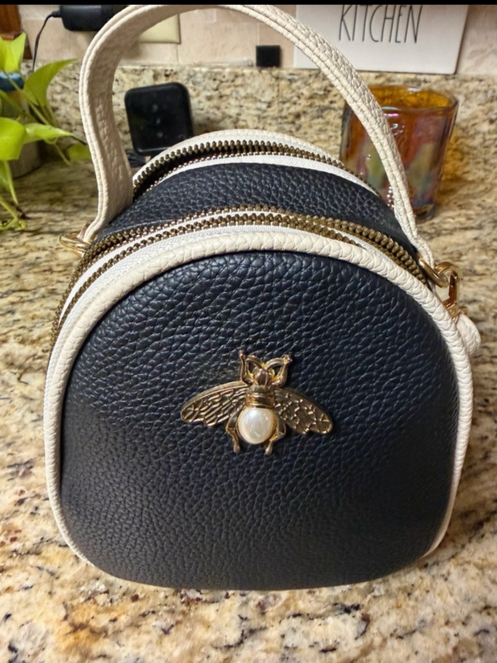 Black and Cream Bee Accent Mini Crossbody Bag